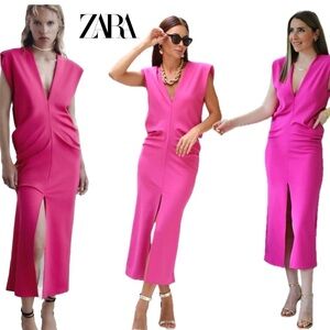 Zara hot fuchsia pink sleeveless V-neck ruched high slit midi dress blogger fave